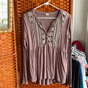 Embroidered V-Neck Peasant Top - Mauve
